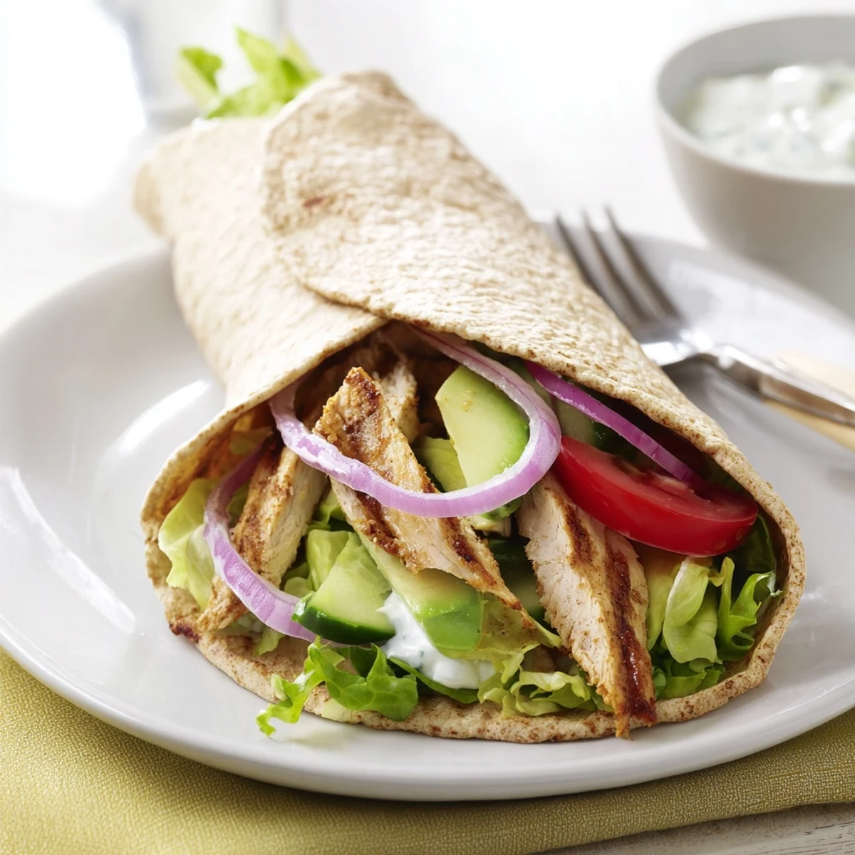 Sliced crispy cottage cheese flatbread chicken wrap revealing layers of lettuce tomato avocado and juicy seasoned meat
