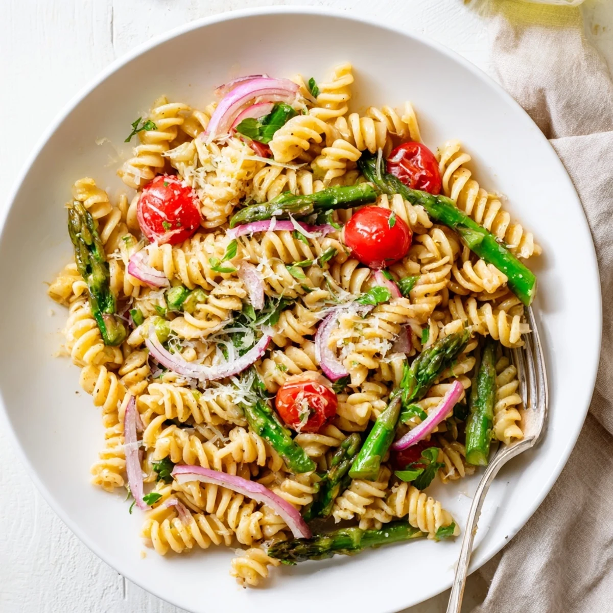 Golden bowl of lemon asparagus pasta salad with cherry tomatoes and fresh parsley garnish