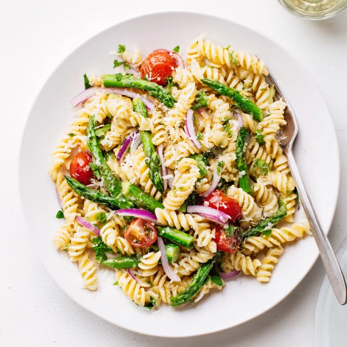 Colorful lemon asparagus pasta salad featuring tender asparagus spears and zesty lemon dressing