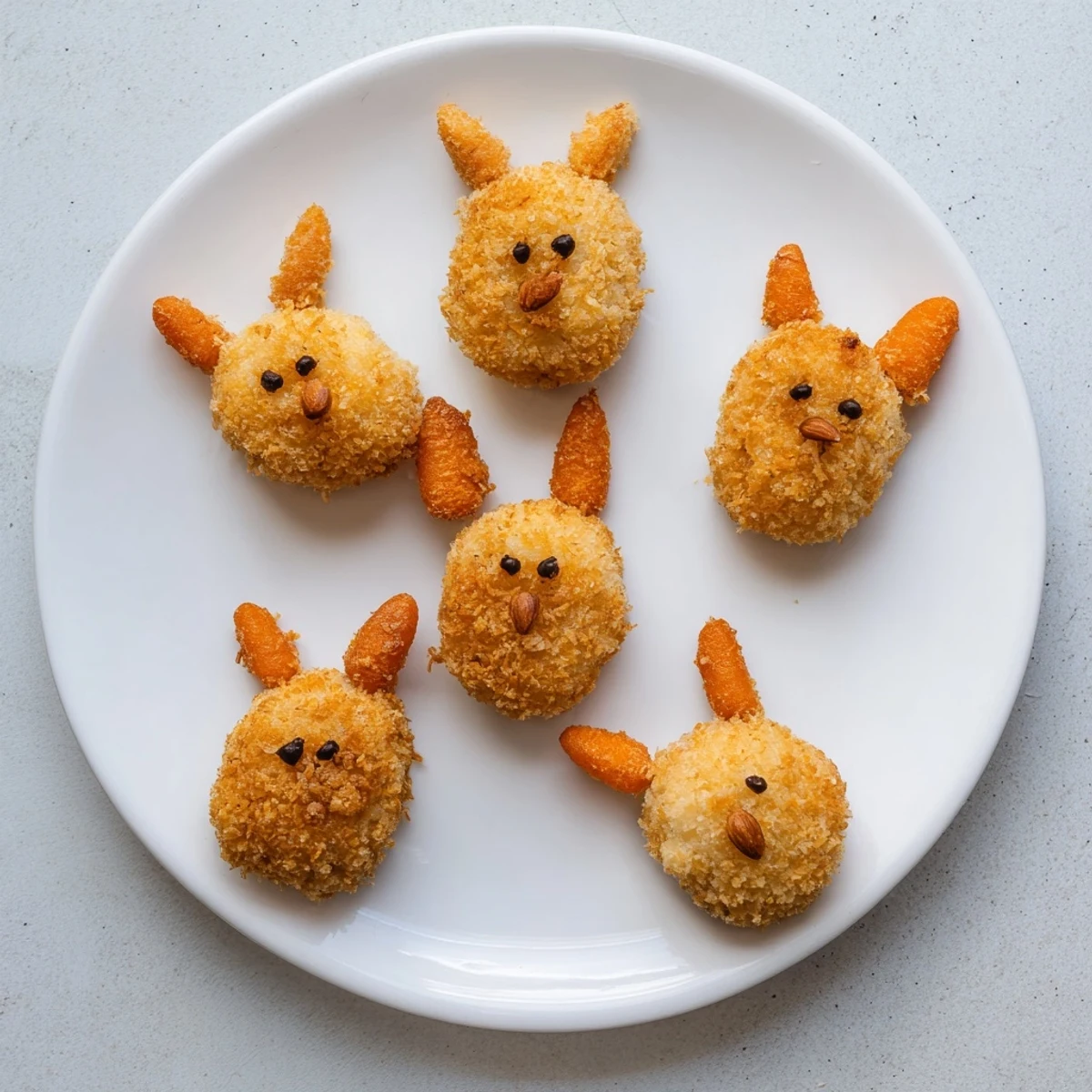 Golden Easter Bunny potato croquettes with almond ears and carrot noses arranged on a white serving platter