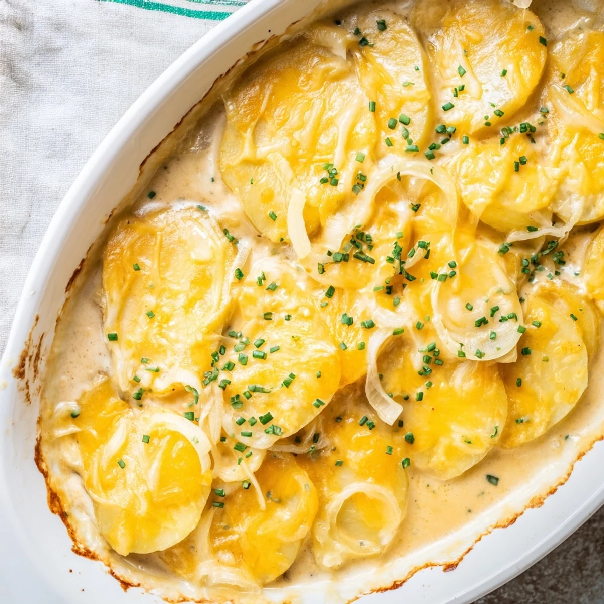 Golden brown potatoes au gratin with Gruyère cheese bubbling in a creamy white sauce