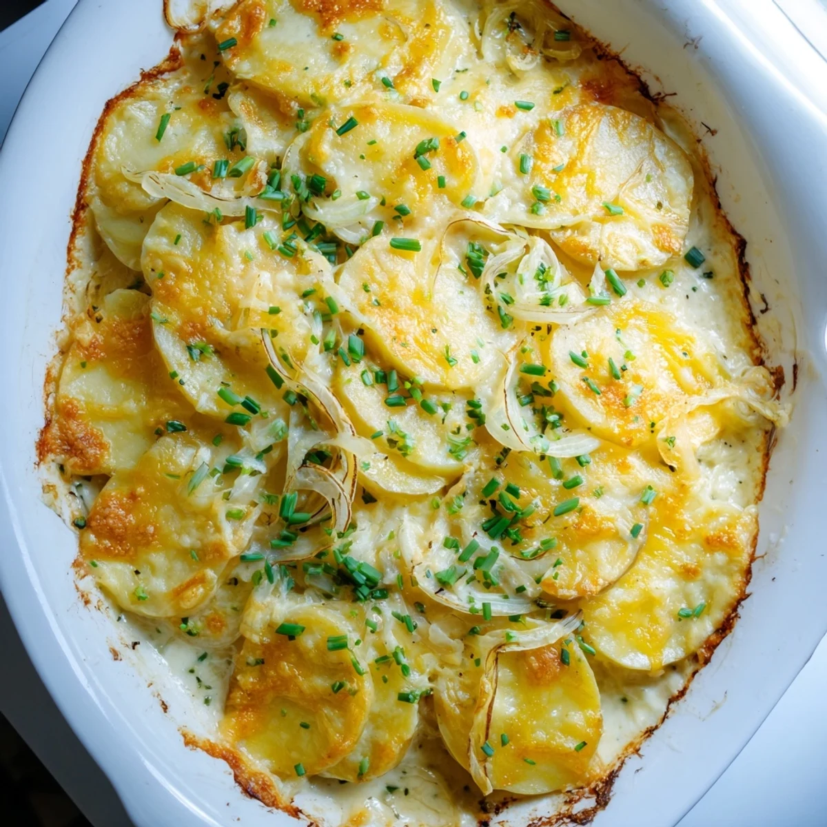 Classic French-style potatoes au gratin topped with browned Gruyère and fresh chives