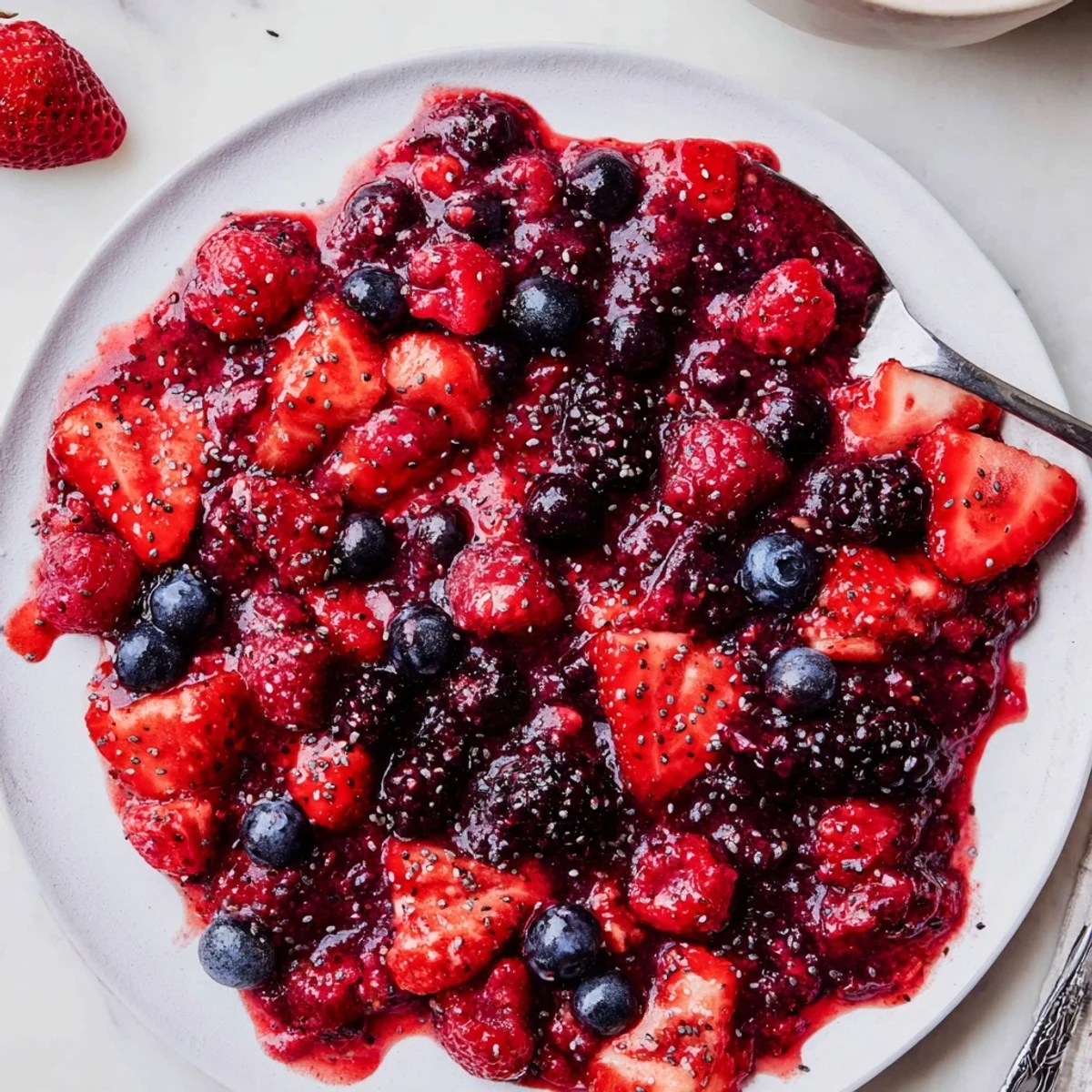 Vibrant easy berry chia seed jam spooned onto toasted artisan bread with fresh berry garnish