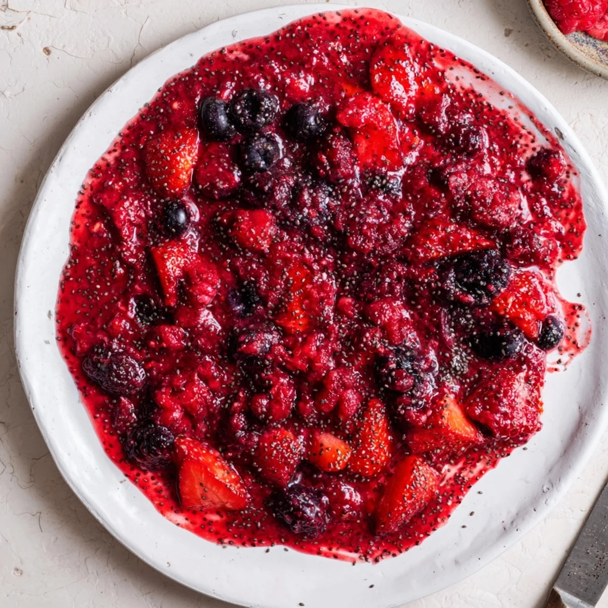 Glass jar filled with chunky easy berry chia seed jam topped with whole fresh berries