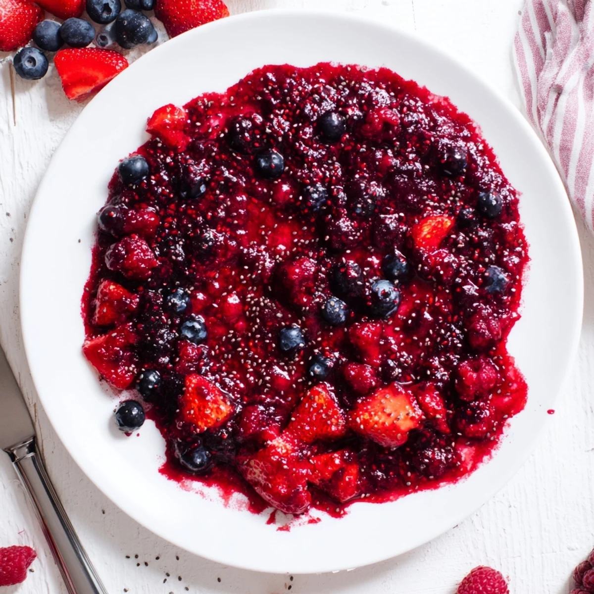 Thick ruby red easy berry chia seed jam spread generously on fluffy pancakes with syrup drizzle