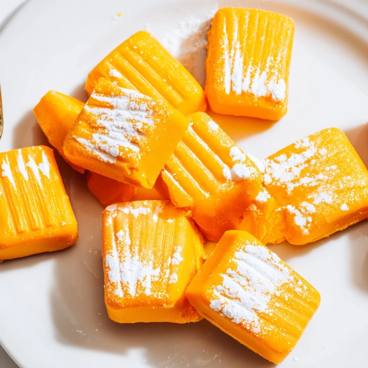 Homemade orange cream cheese mints dusted with powdered sugar on a rustic wooden board