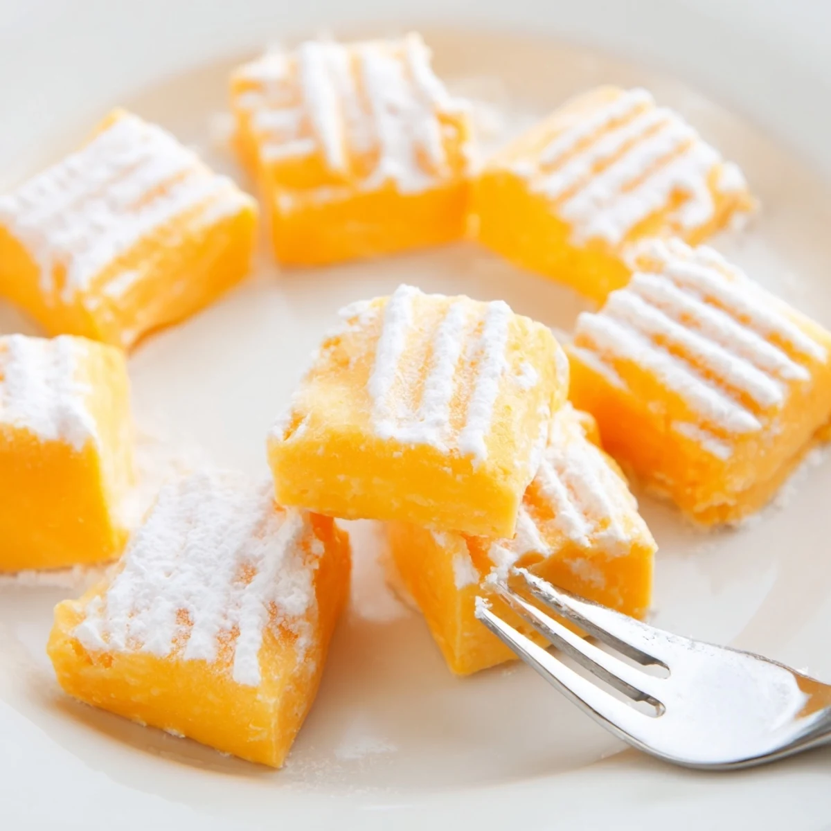 Soft orange cream cheese mints arranged on a decorative white serving plate for parties