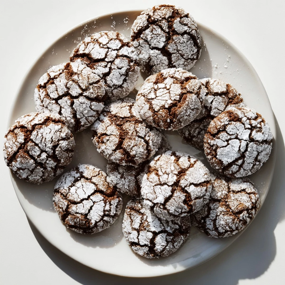 Chewy spiced gingerbread crinkle cookies topped with snow-white powdered sugar for holiday desserts
