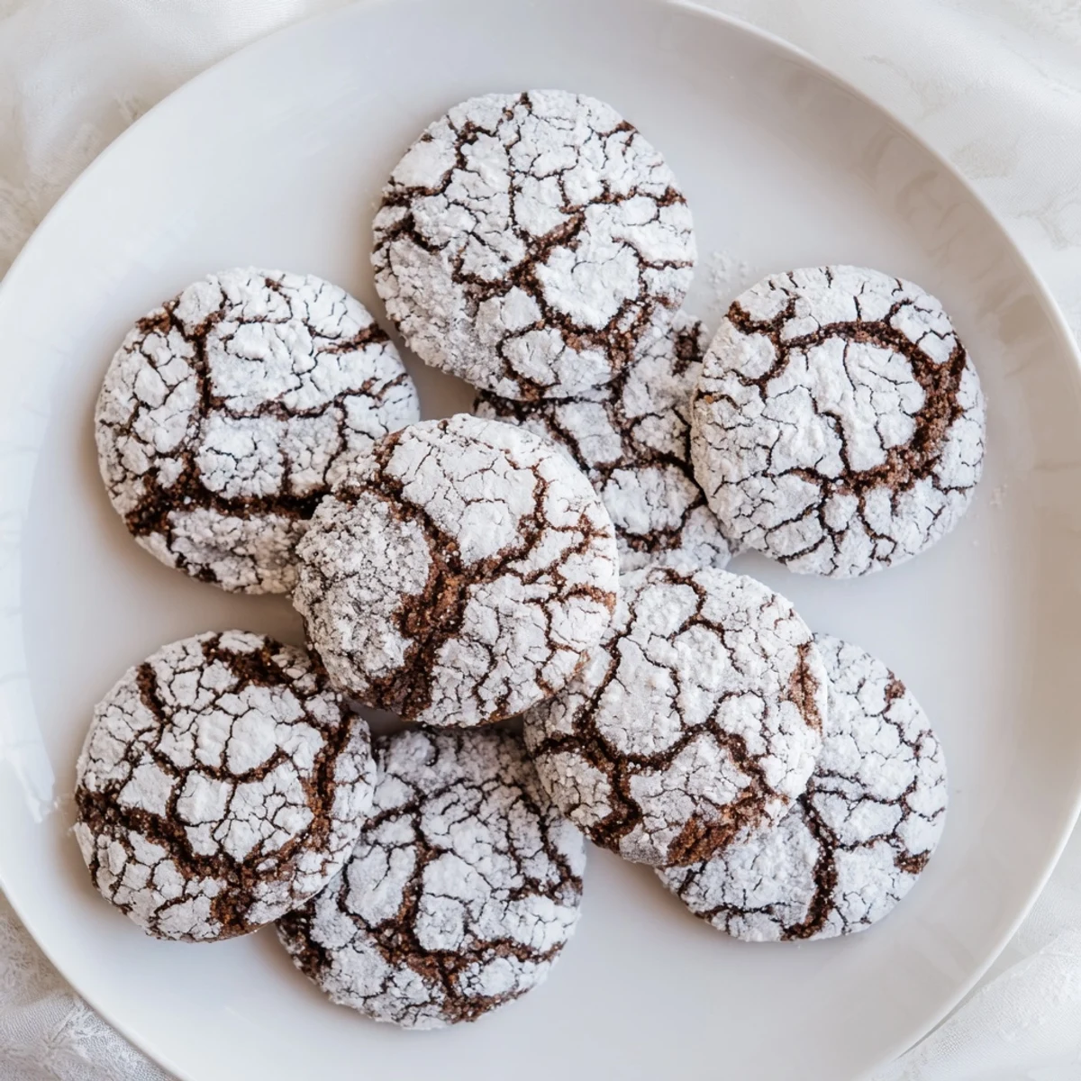 Soft baked gingerbread crinkle cookies with crackled powdered sugar coating on a white plate
