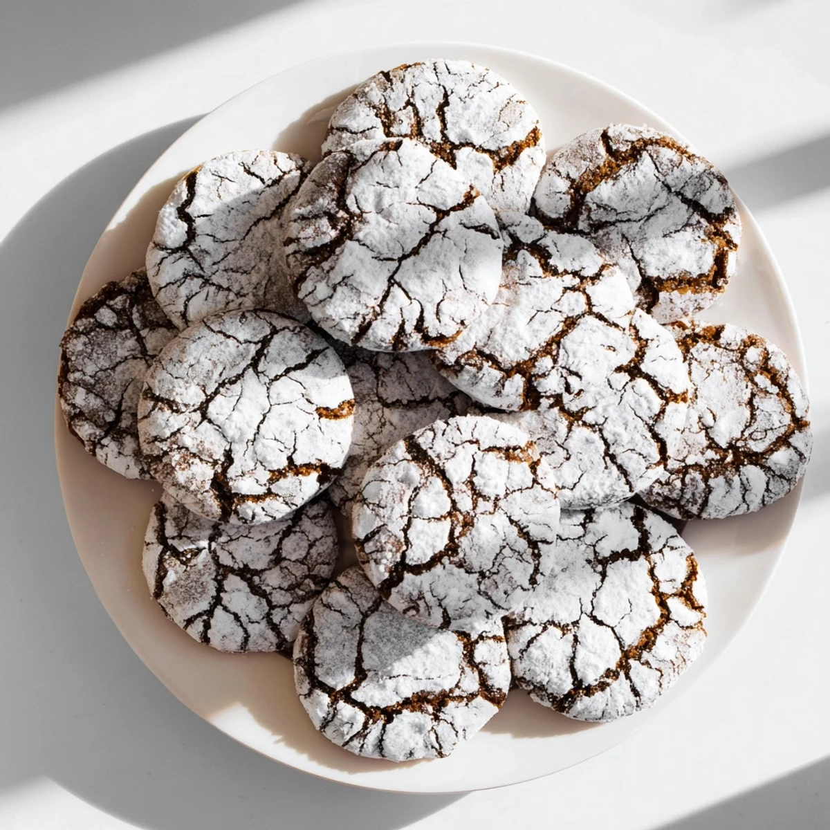 Warm gingerbread crinkle cookies rolled in powdered sugar featuring signature cracked tops
