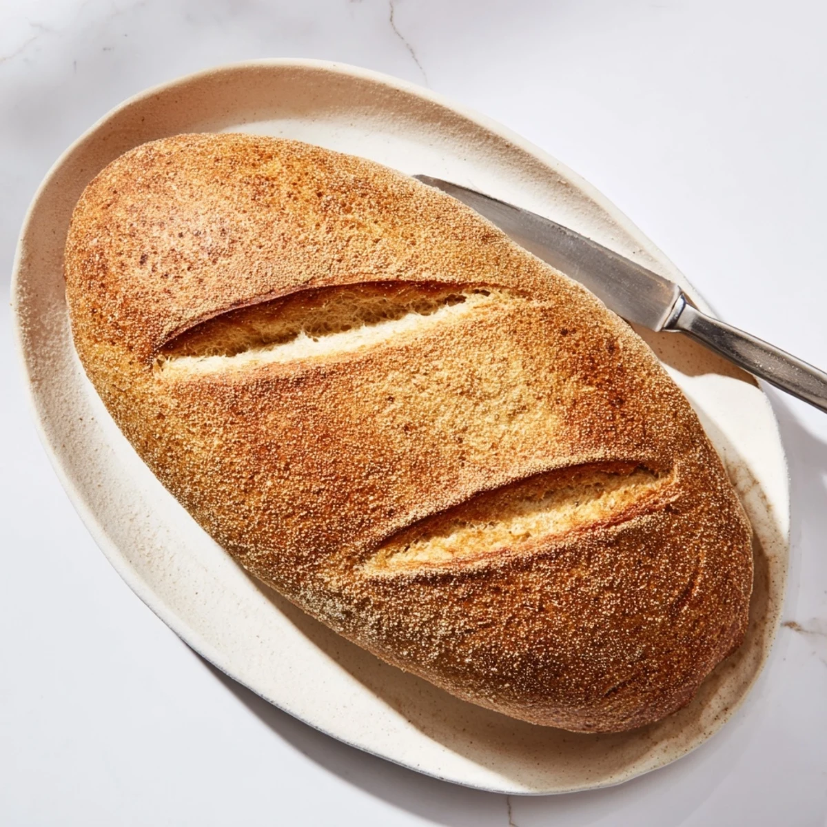 Golden brown crusty Italian bread loaf with a cracked, flour-dusted surface on a wooden cutting board