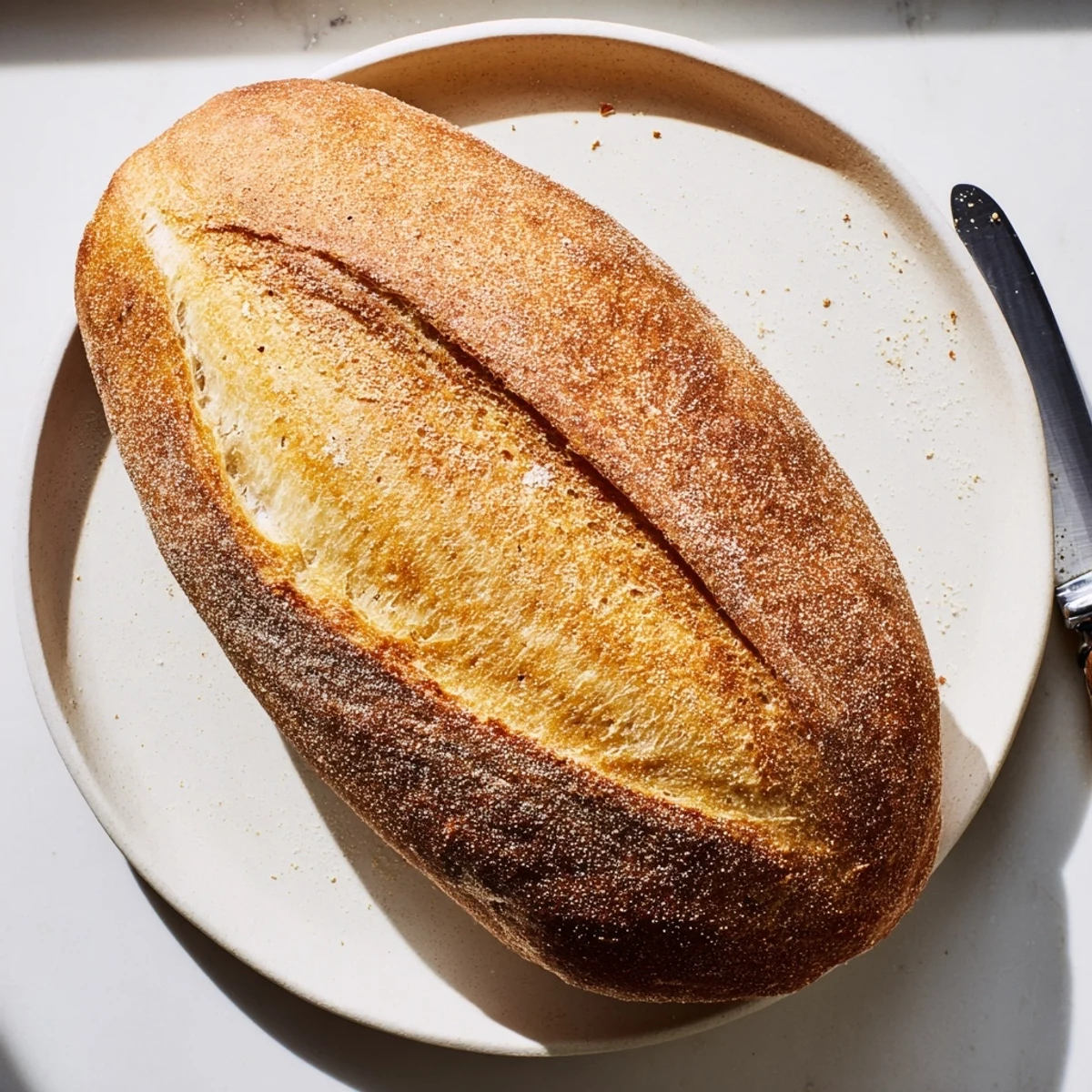 Freshly baked crusty Italian bread sliced to reveal the soft, airy chewy interior perfect for dipping