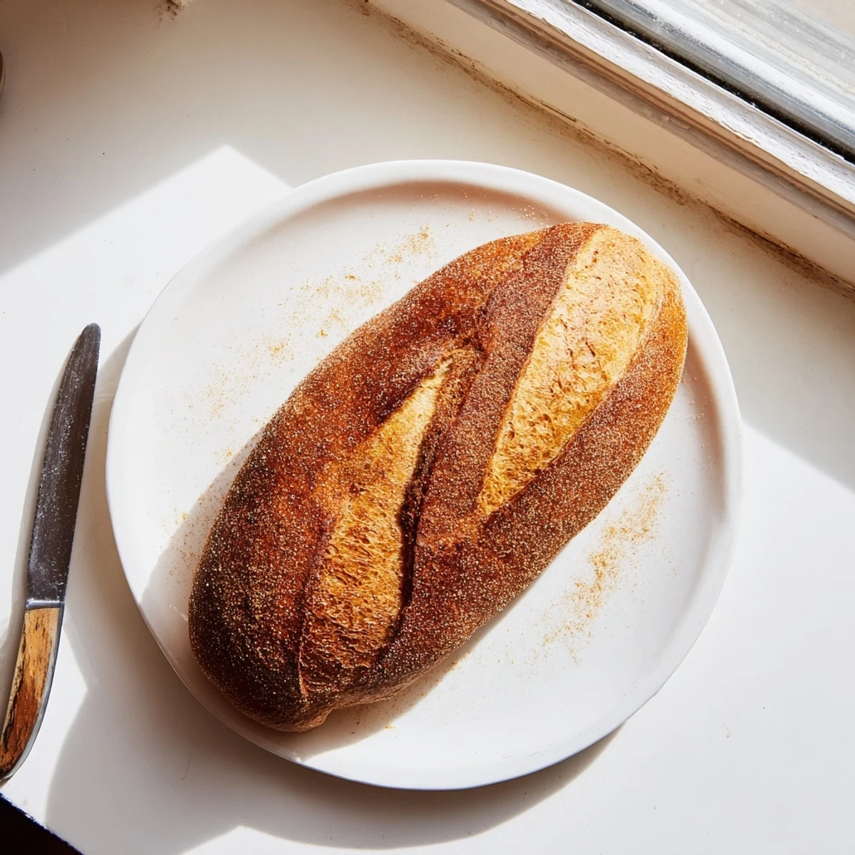 Homemade crusty Italian bread with a beautifully scored top and deep golden baked crust resting on parchment