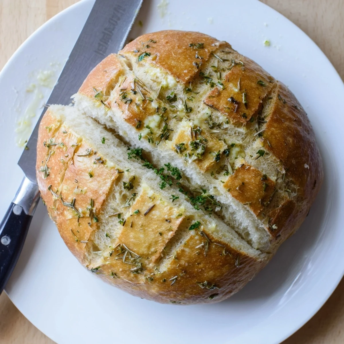 Sliced garlic herb Dutch oven bread displaying the soft crumb and golden brown crust, served on a wooden cutting board