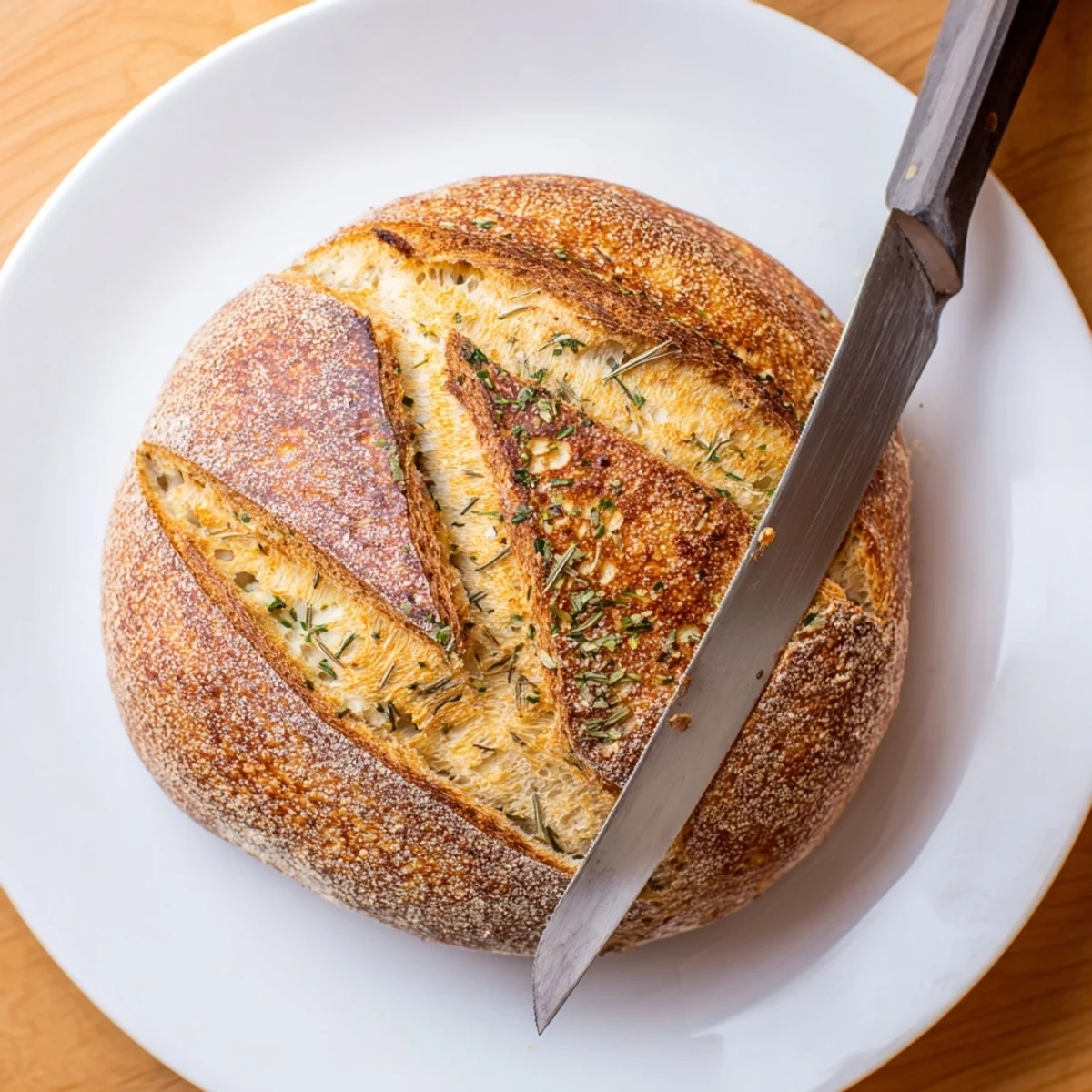 Rustic artisan Dutch oven bread loaf featuring aromatic garlic, rosemary, and thyme, freshly baked and brushed with melted butter