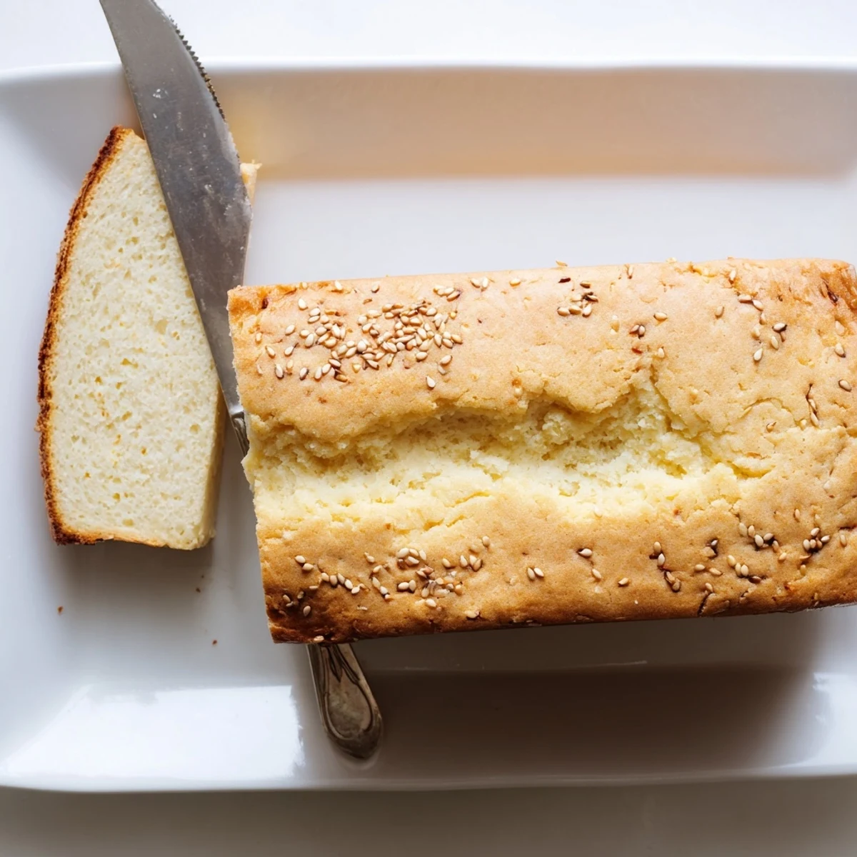 Golden brown zero carb yogurt bread loaf sliced on a wooden cutting board with sesame seed topping