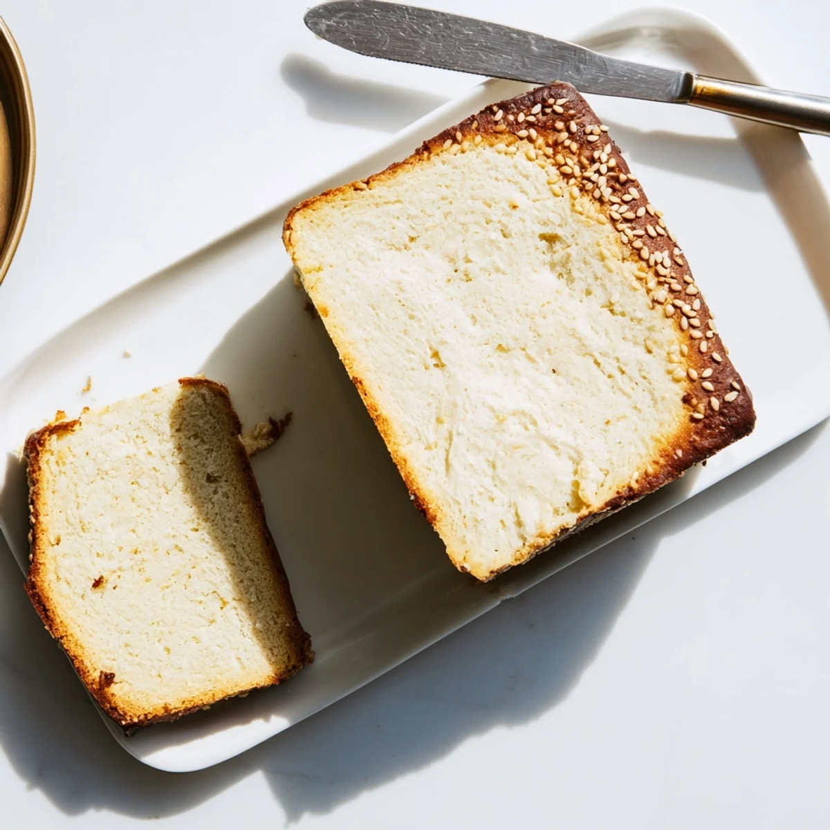 Whole zero carb yogurt bread in a metal loaf pan showing golden crust and smooth texture