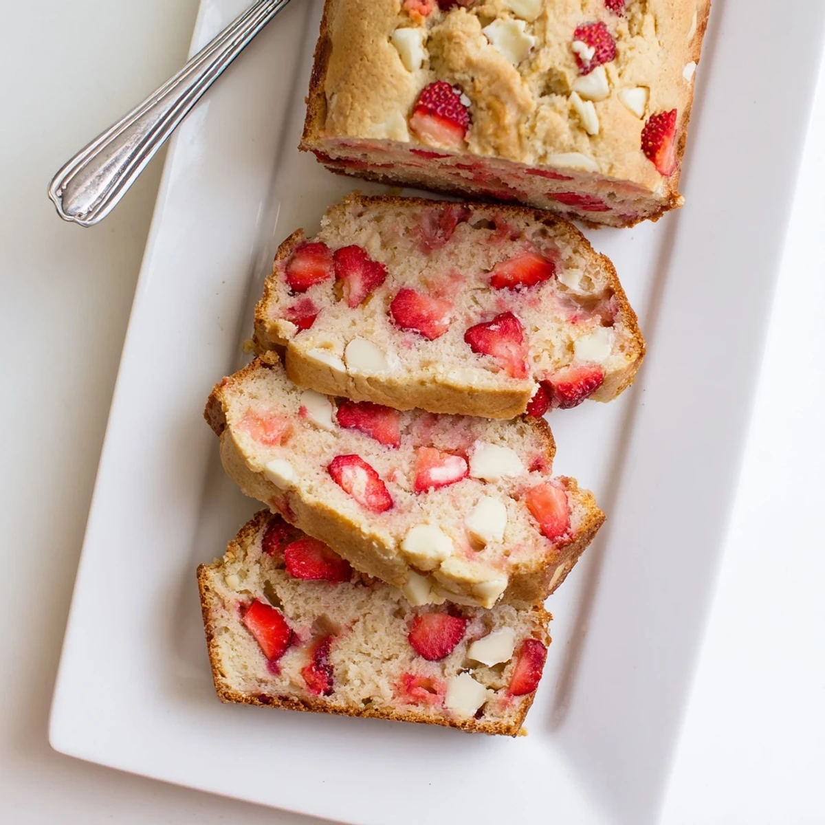 Golden sourdough white chocolate chips strawberry bread loaf with ruby strawberry pieces visible throughout