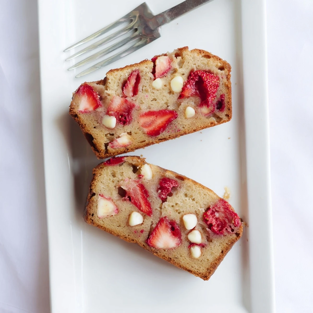 Sliced sourdough white chocolate chips strawberry bread revealing pockets of melted white chocolate and fresh berries