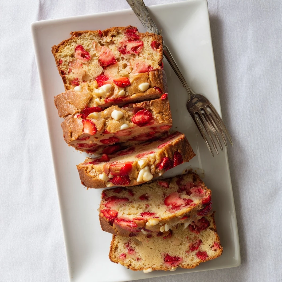 Homemade sourdough white chocolate chips strawberry bread served on a wooden board with sliced pieces
