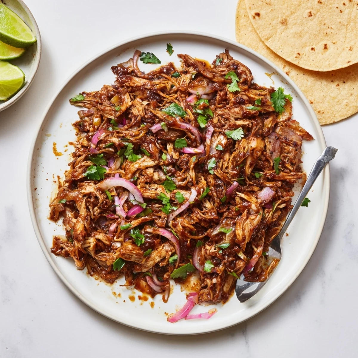 Golden brown vegan carnitas with shredded mushrooms piled in warm corn tortillas
