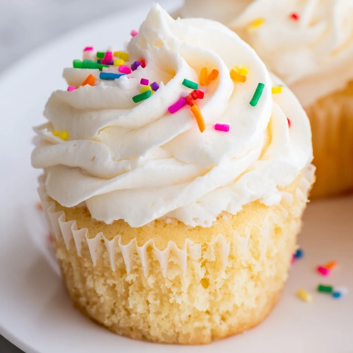 Light and fluffy vanilla cupcakes piped with sweet white frosting and colorful sprinkle decorations