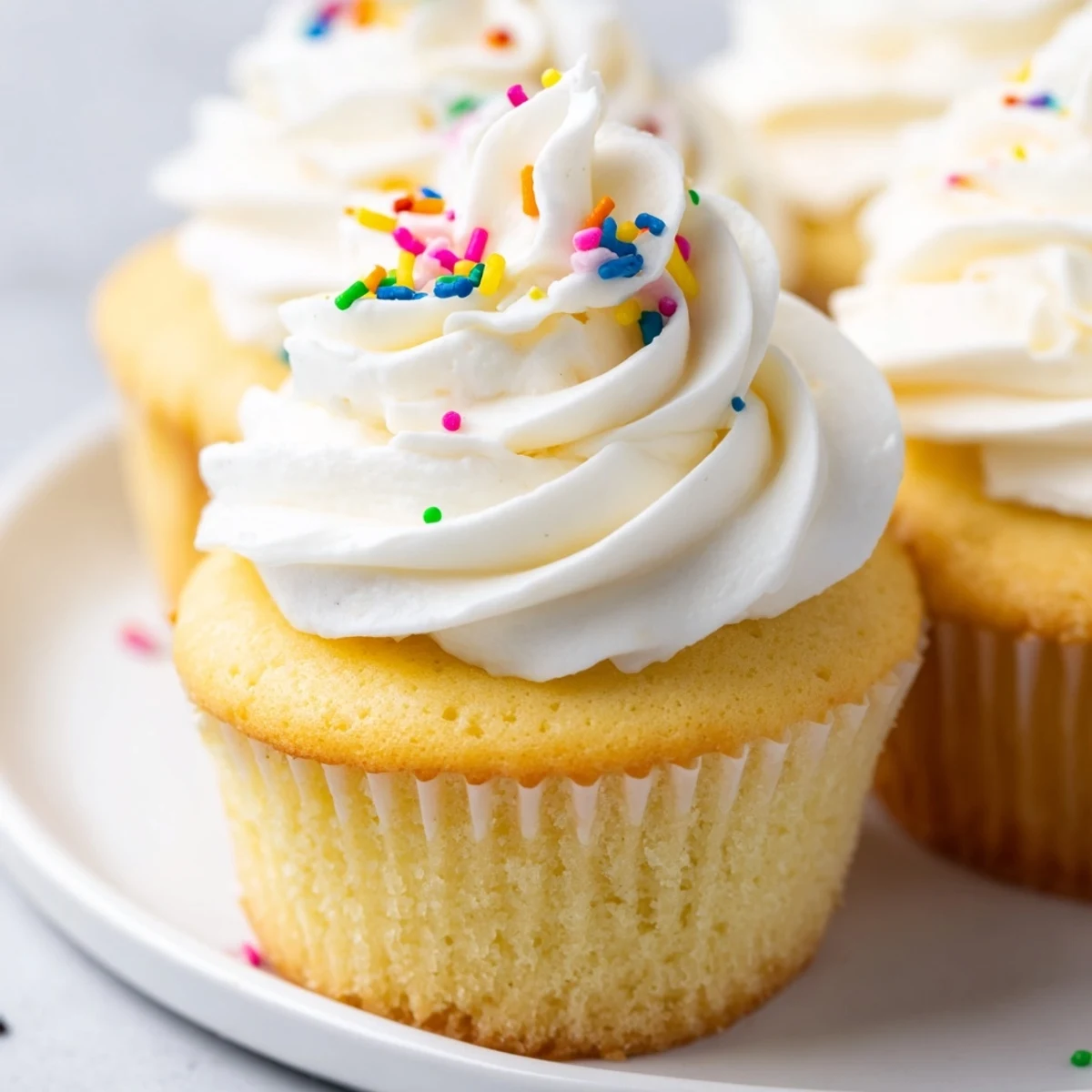 Batch of freshly baked vanilla cupcakes cooling on a wire rack ready for buttercream frosting