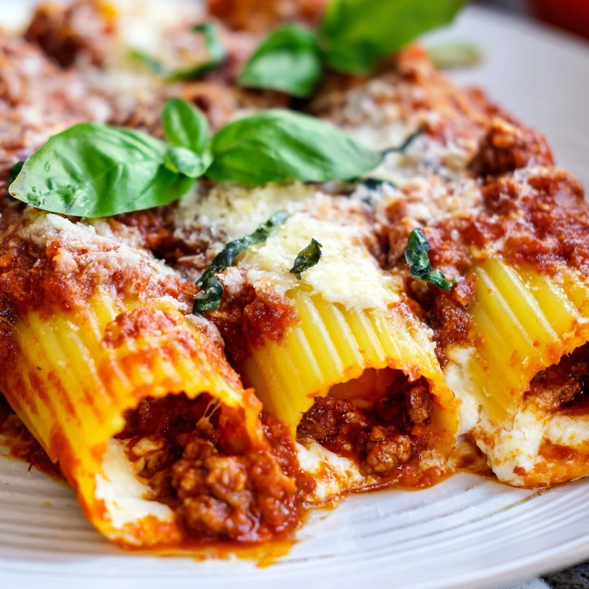 Golden baked manicotti filled with creamy ricotta and smothered in rich homemade meat sauce
