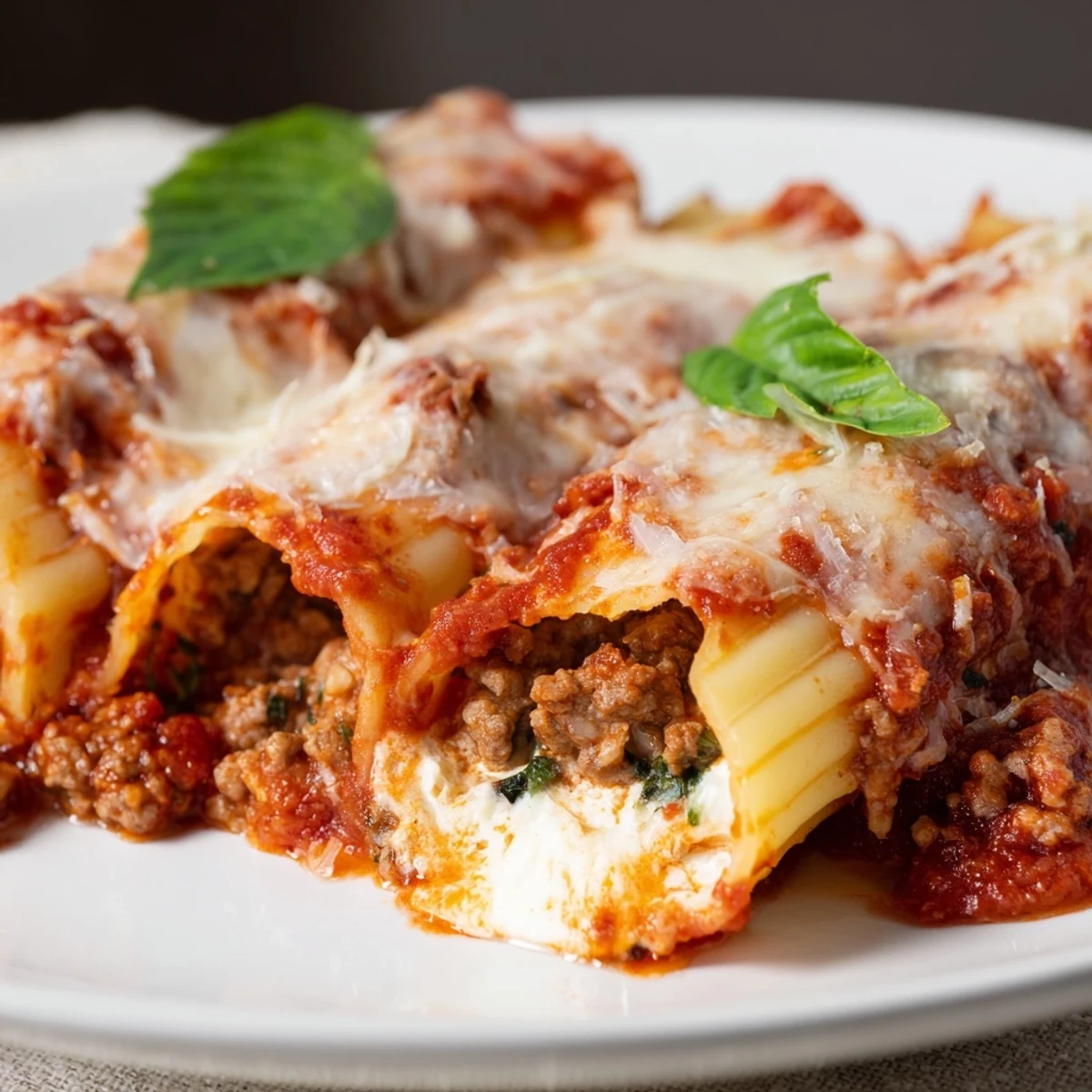 Tender pasta shells stuffed with velvety three-cheese blend topped with bubbling tomato meat sauce