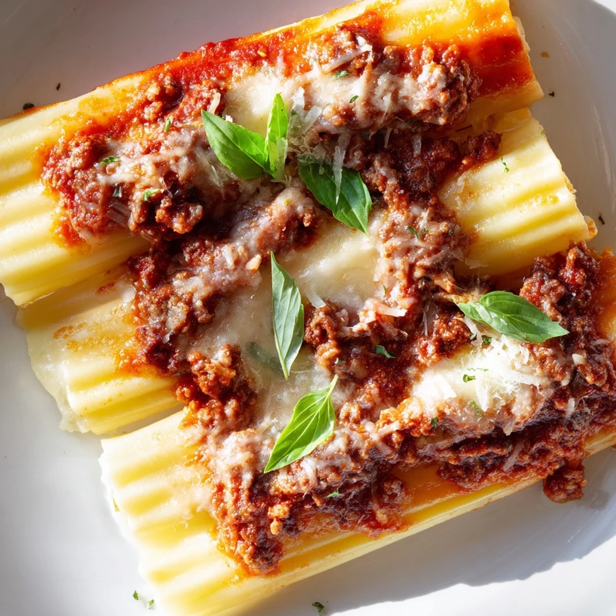 Hearty cheesy stuffed manicotti casserole with seasoned ground beef sauce and melted mozzarella garnish
