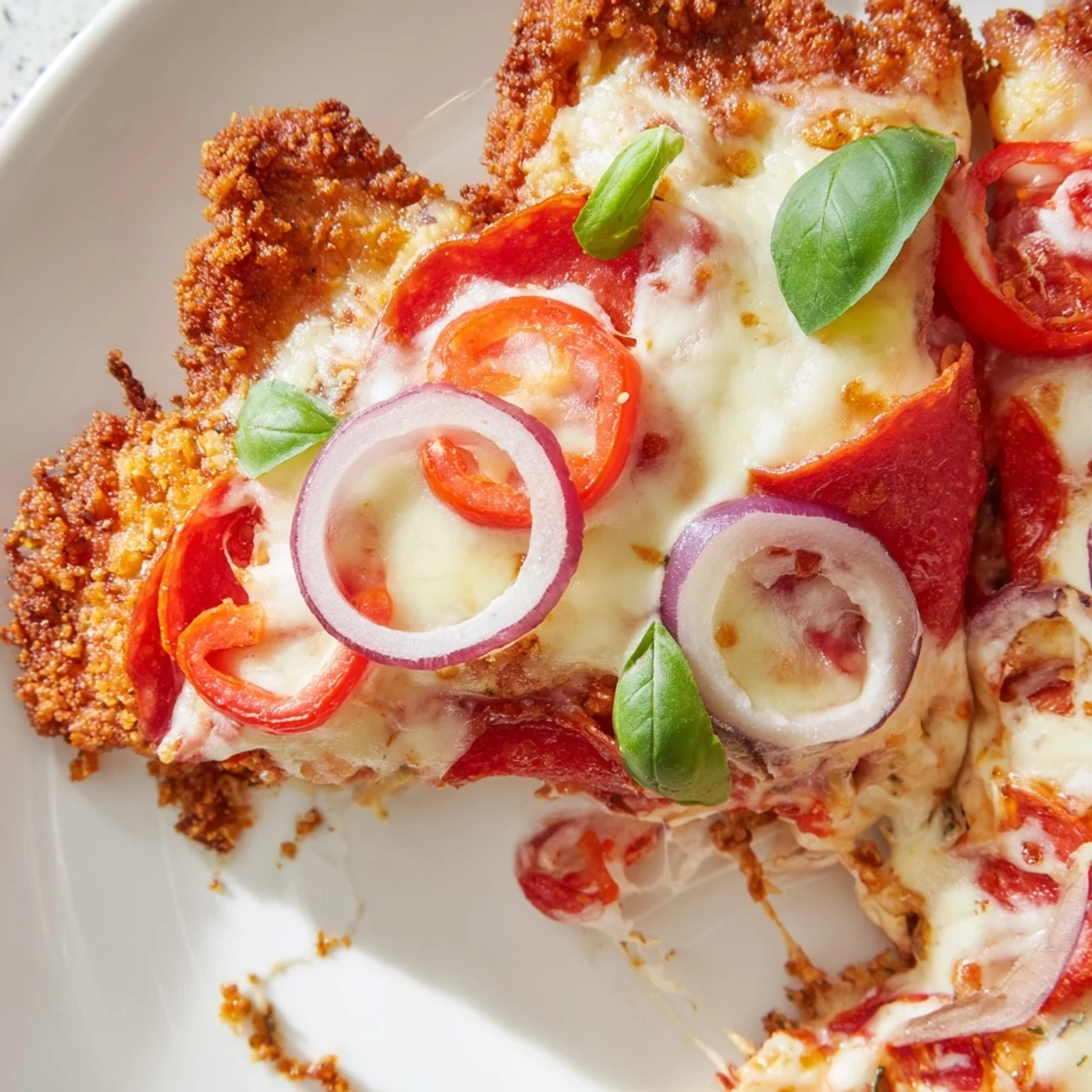 Golden crispy chicken crust pizza topped with melted mozzarella pepperoni and fresh basil