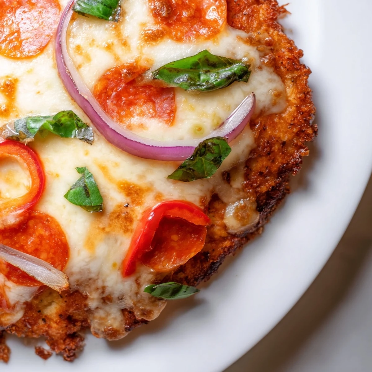 Low carb chicken crust pizza featuring bubbling cheese red pepper slices and onion