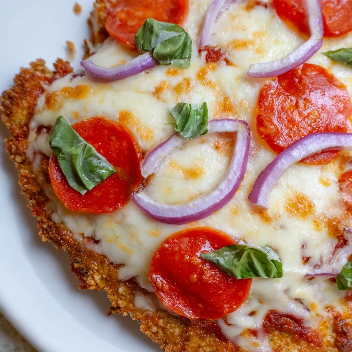 Gluten-free pizza with golden chicken base loaded with classic toppings and aromatic herbs