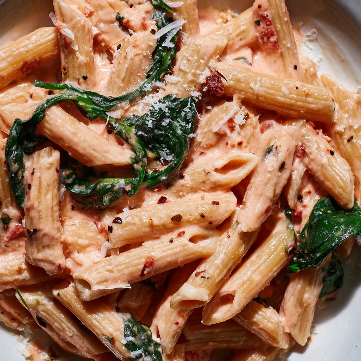 Creamy sun dried tomato spinach pasta in a rustic skillet with vibrant green wilted leaves