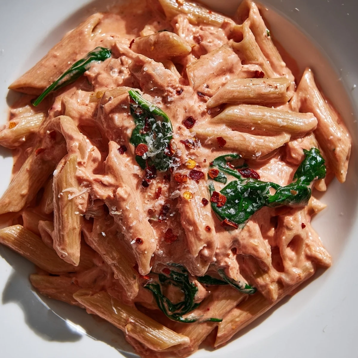 One pan creamy sun dried tomato spinach pasta coated in velvety Parmesan sauce
