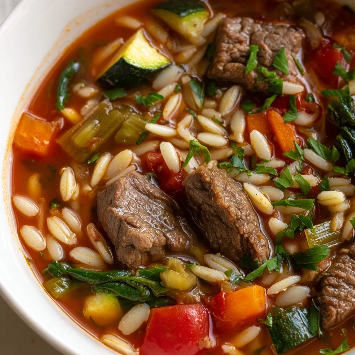 Hearty beef and orzo soup served steaming in a rustic bowl with fresh parsley garnish
