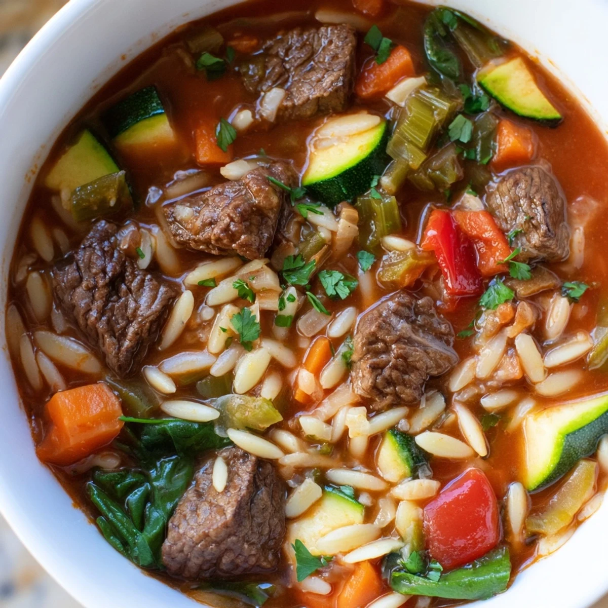 Warm bowl of hearty beef and orzo soup loaded with colorful garden vegetables and tender meat