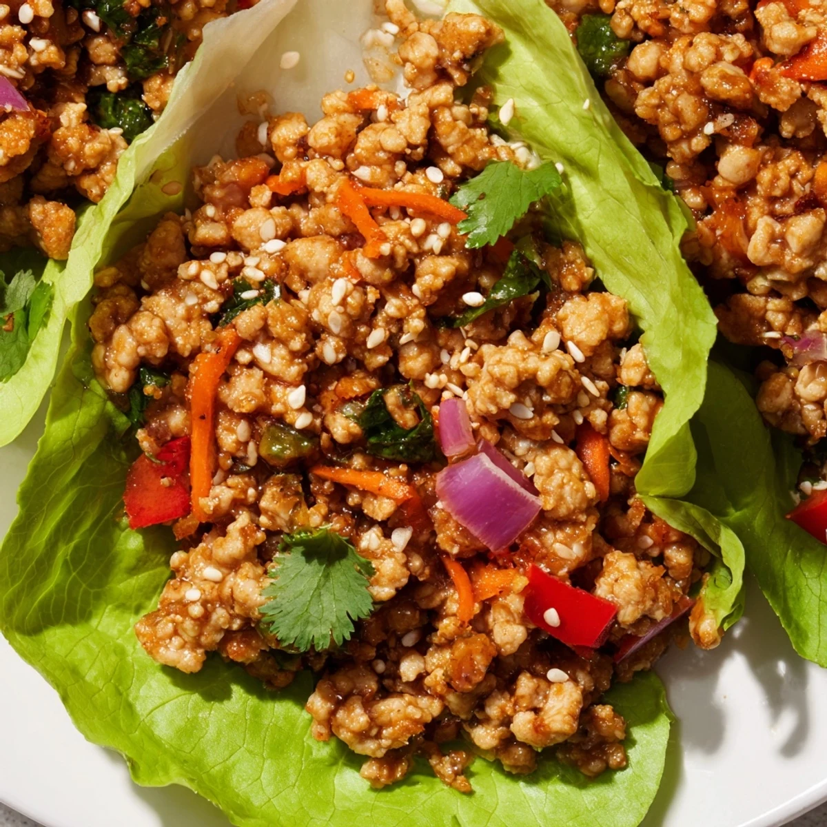 Seasoned ground turkey lettuce wrap bowls topped with sesame seeds and fresh cilantro