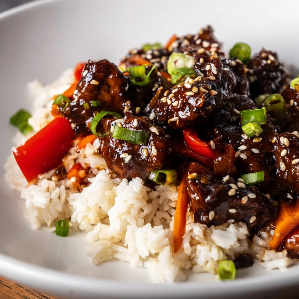 Golden glazed One Pan Korean BBQ Chicken and Rice in a cast iron skillet topped with sesame seeds