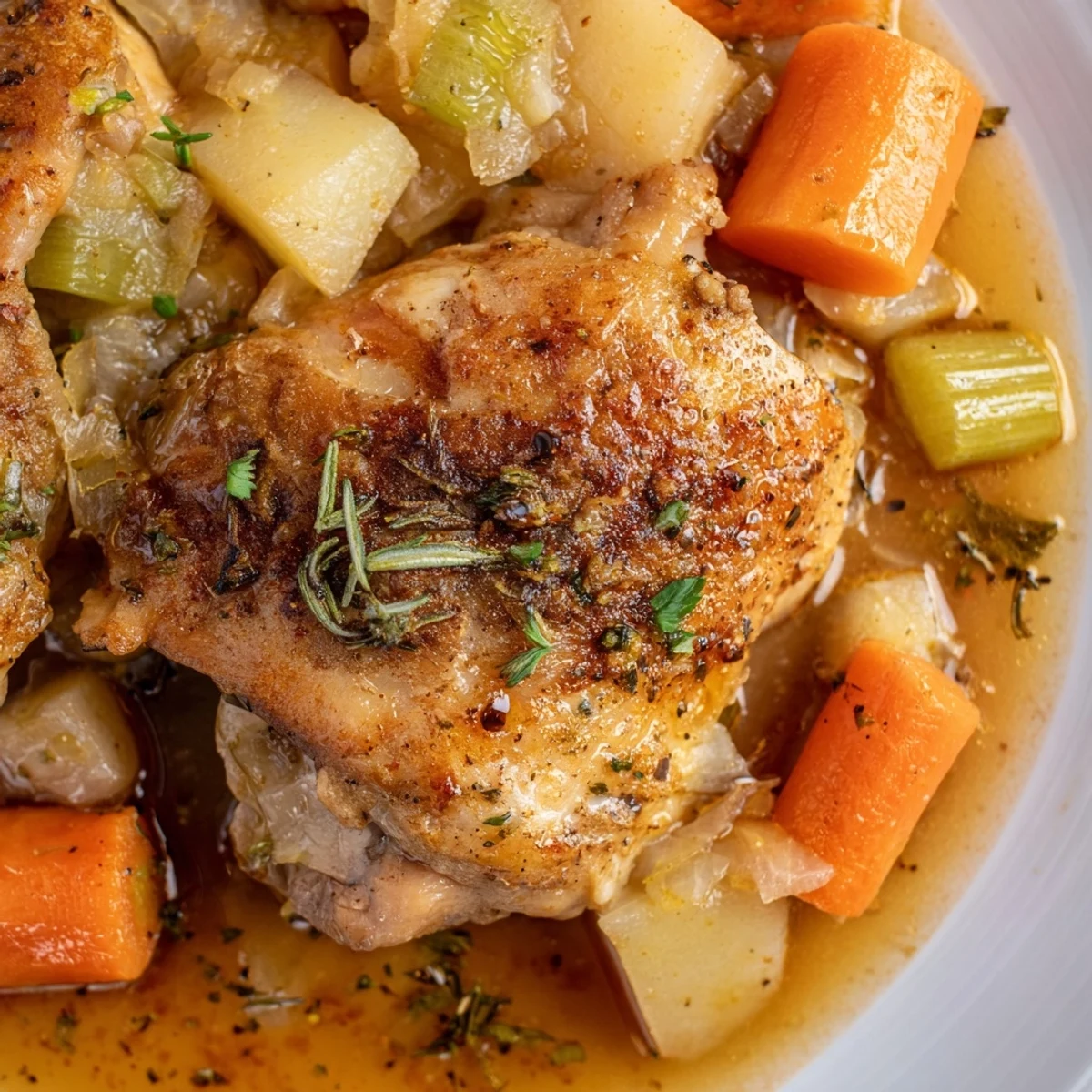 Hearty slow cooker chicken dinner featuring fall-apart meat alongside carrots potatoes and rich aromatic broth