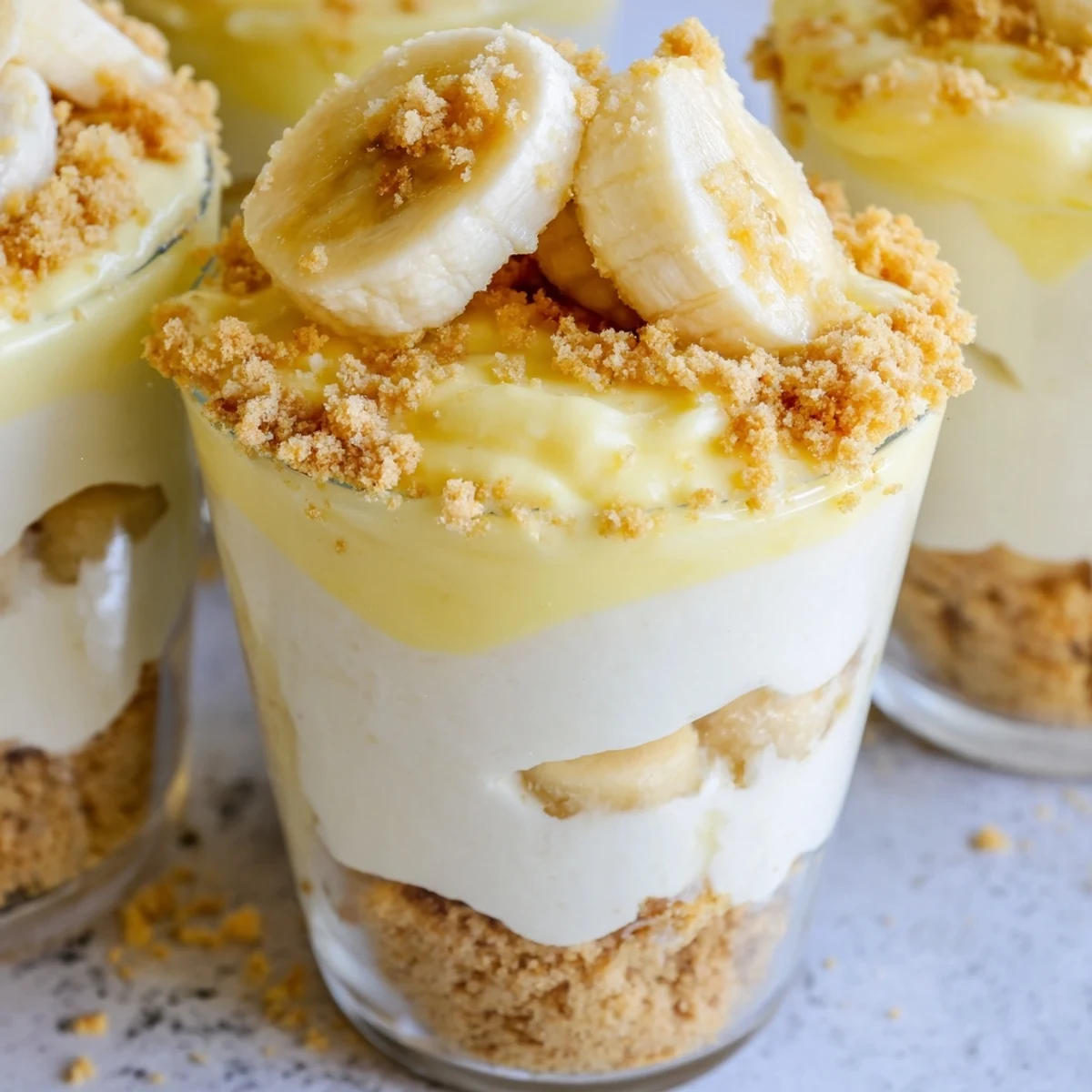 Creamy no bake banana pudding cheesecake cups topped with fresh banana slices and vanilla wafer crumbs