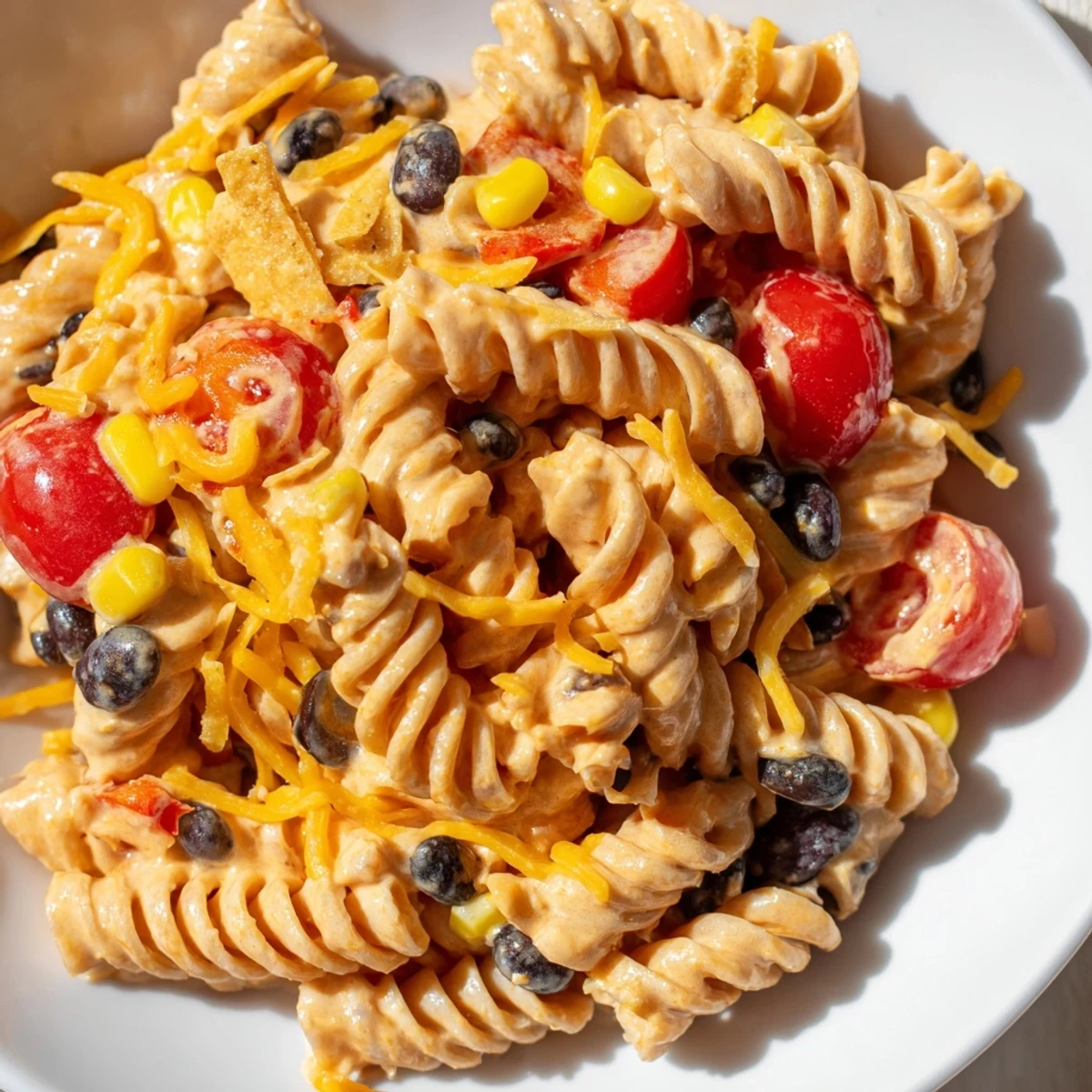 Colorful taco pasta salad loaded with black beans, corn, tomatoes, and cheddar cheese