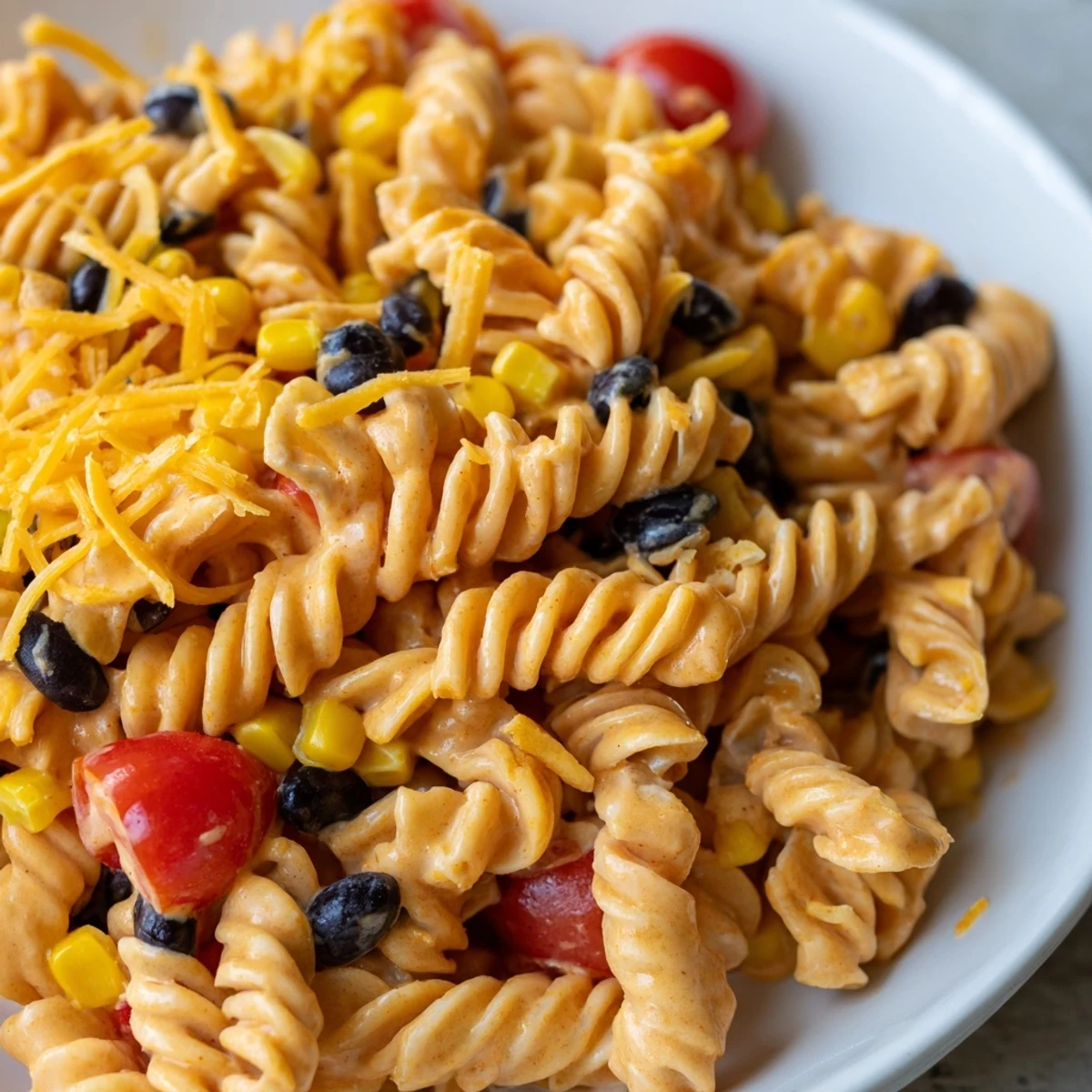 Creamy taco pasta salad in a serving bowl with tortilla chip garnish