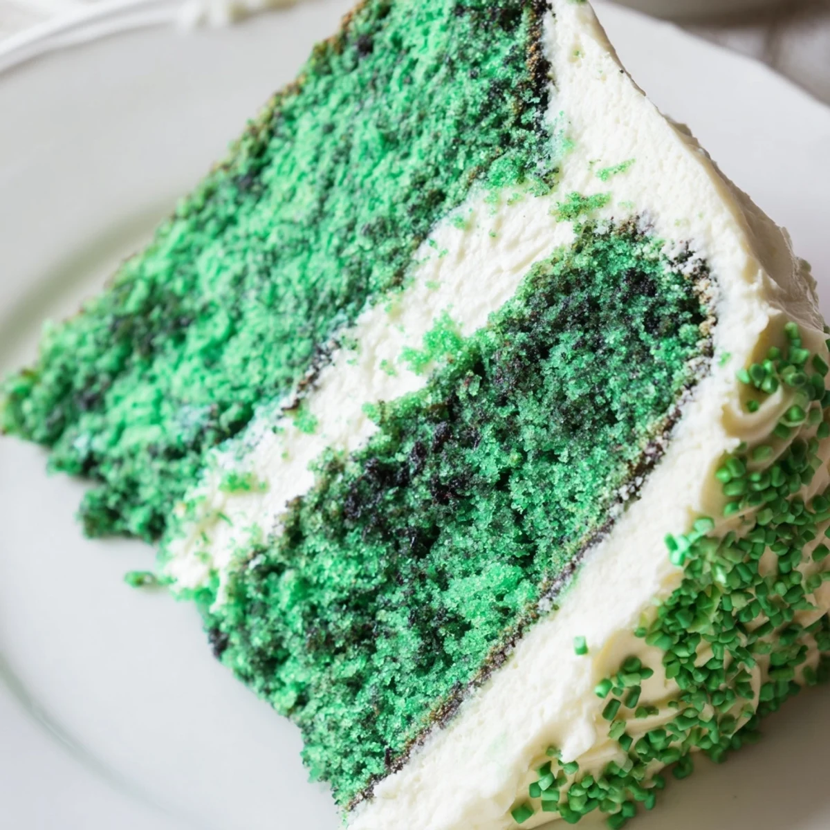 Vibrant emerald Green Velvet Cake slices layered with tangy cream cheese frosting