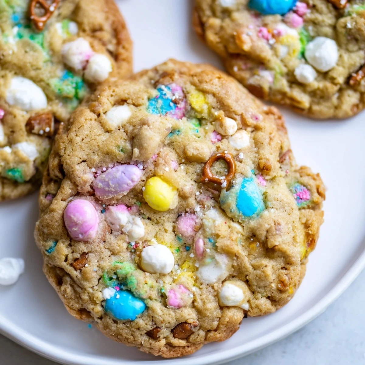 Colorful Easter Trash Cookies loaded with pastel candies, pretzels, and sprinkles on a rustic baking sheet