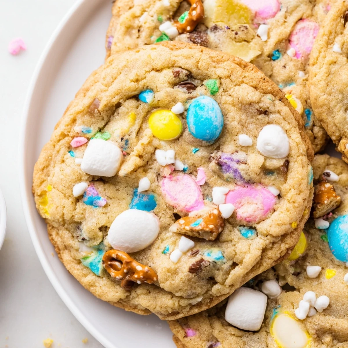 Chewy Easter Trash Cookies with crispy pretzels, marshmallows, and candy-coated chocolates piled high