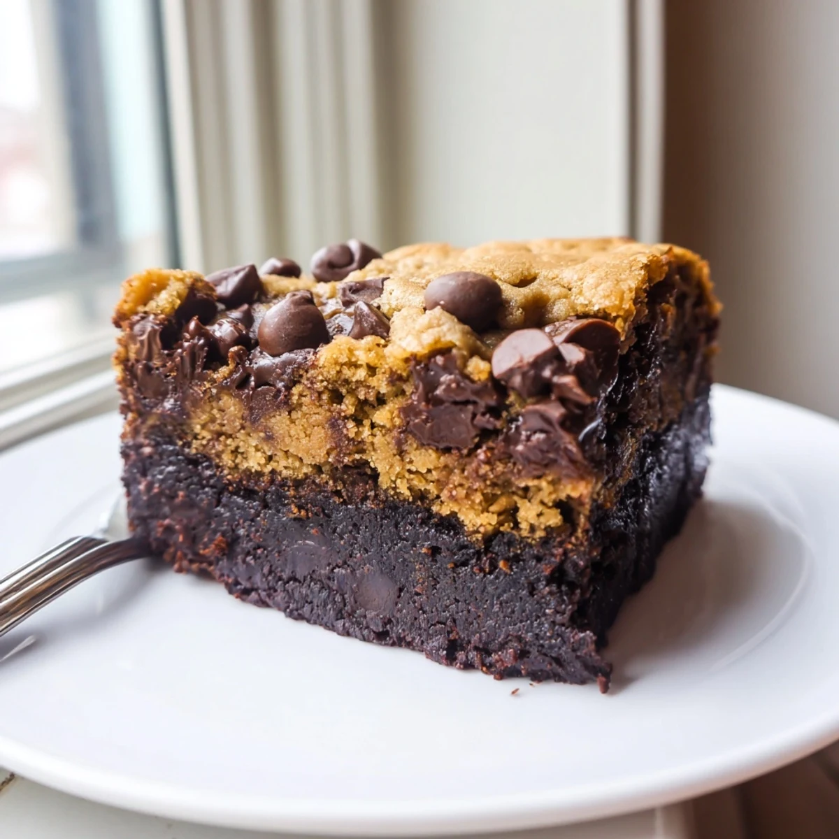 Golden double layer vegan brookies with rich fudgy brownie bottom and chewy cookie top studded with chocolate chips