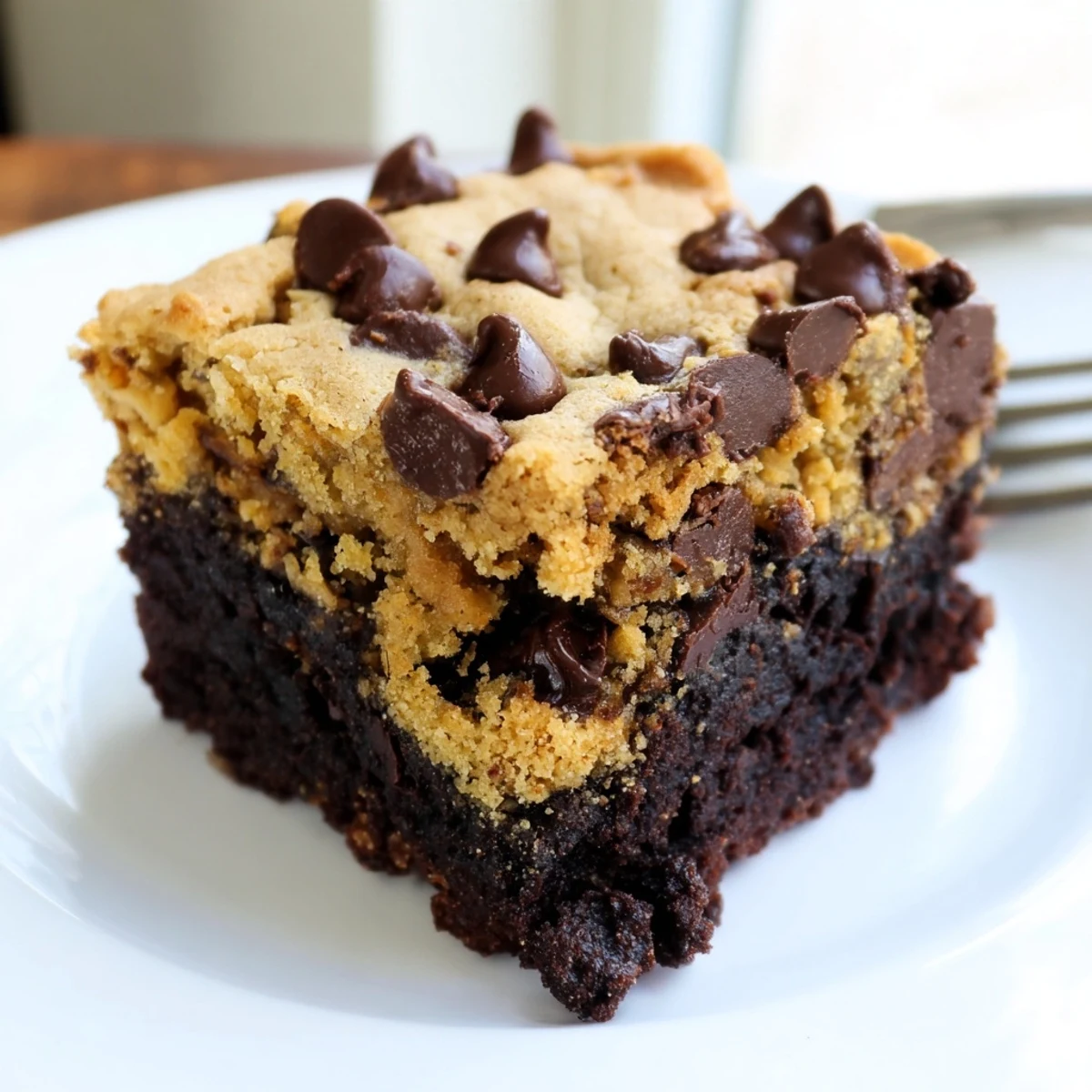 Decadent double layer vegan brookies sliced into squares revealing dark cocoa brownie beneath golden chocolate chip cookie crust