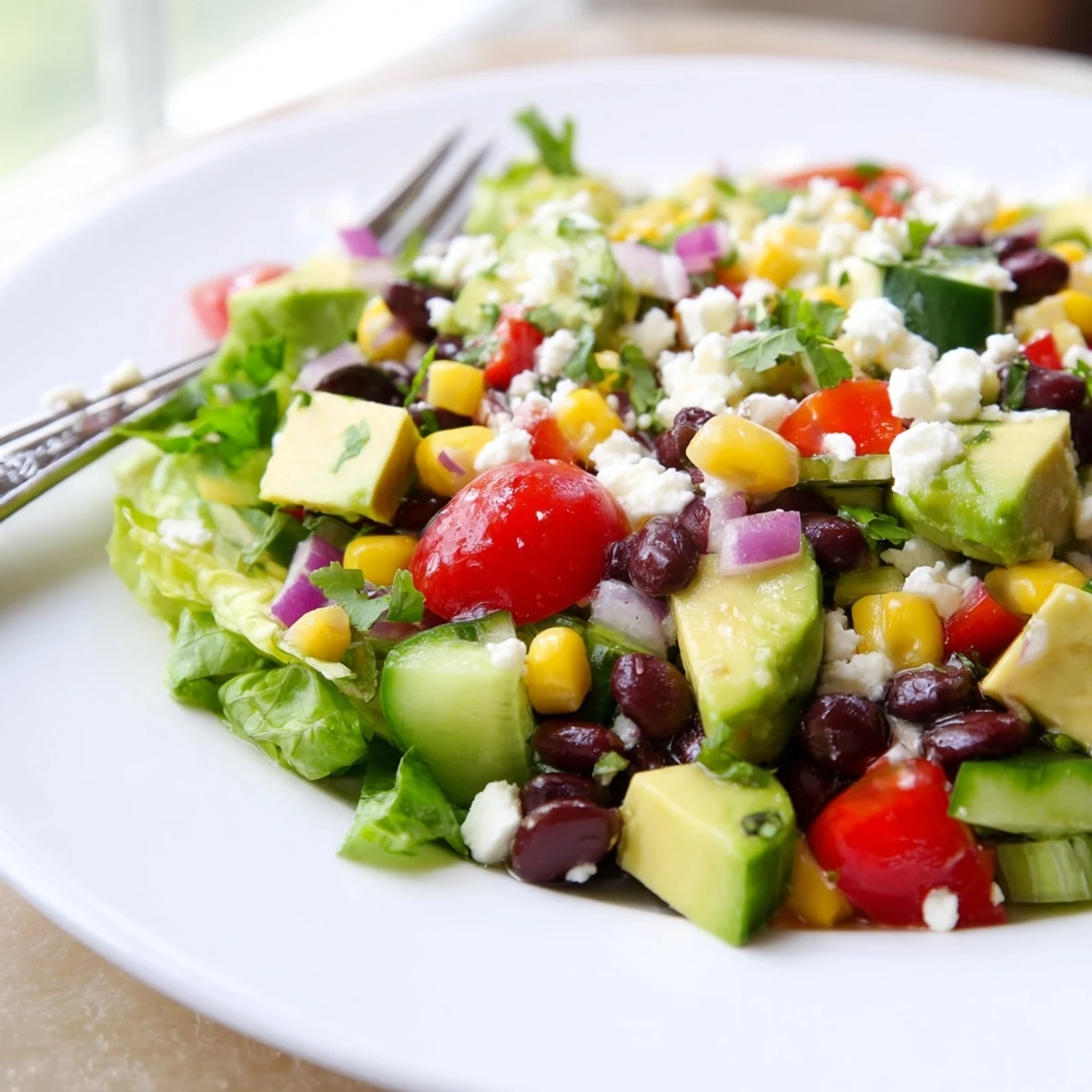 Hearty Mexican chopped salad with black beans corn and crumbled cotija cheese