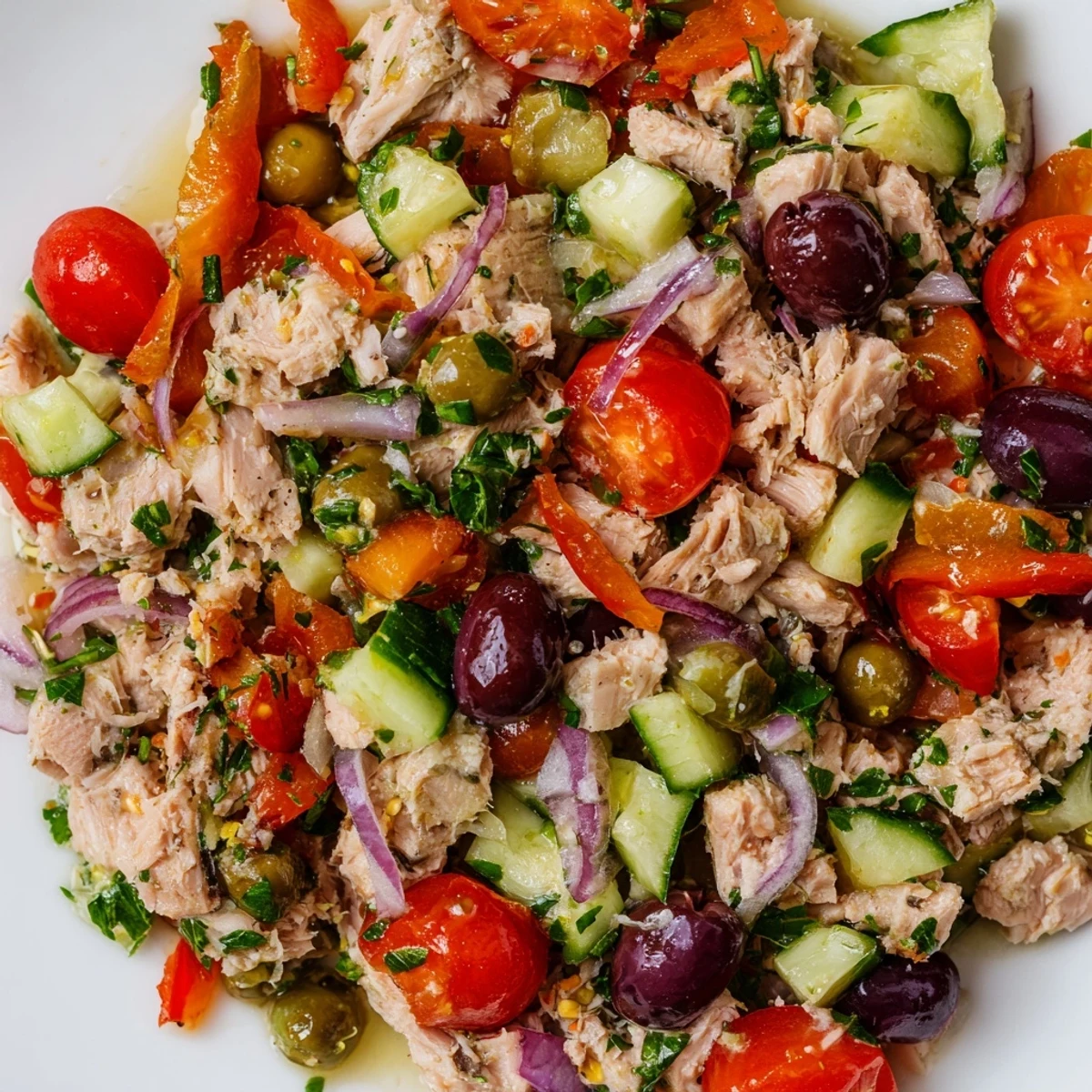 Mediterranean tuna salad in a white bowl with cherry tomatoes, olives, and fresh parsley